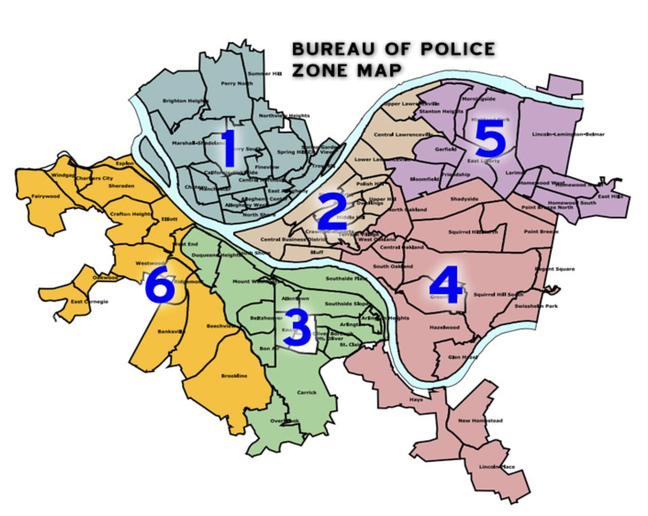A map of Pittsburgh's six police zones.