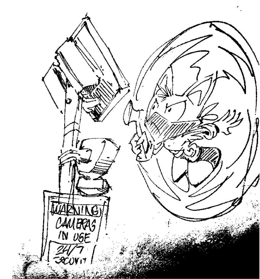 A humanoid character with animal ears, a mask on their face, and an axe in their hand, jumps on a camera attached to a pole. A sign below the camera reads "WARNING", "CAMERAS IN USE", and "24/7 SECURITY".