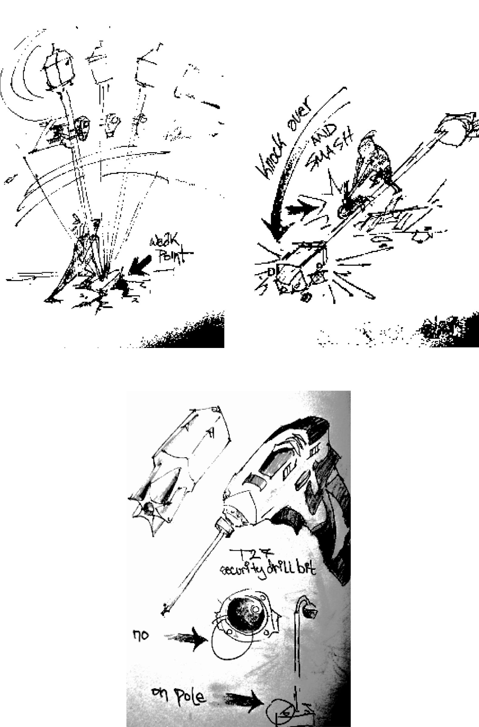 Three drawings show different techniques to disable or destroy a camera. The first shows that the bottom of a camera pole is a weak point and can be pulled from the ground by applying enough force. The second shows that after the pole has been pulled it can be knocked over and smashed on the ground. The third shows that a screw gun with a T27 security drill bit can be used to unscrew some poles from their support bases.