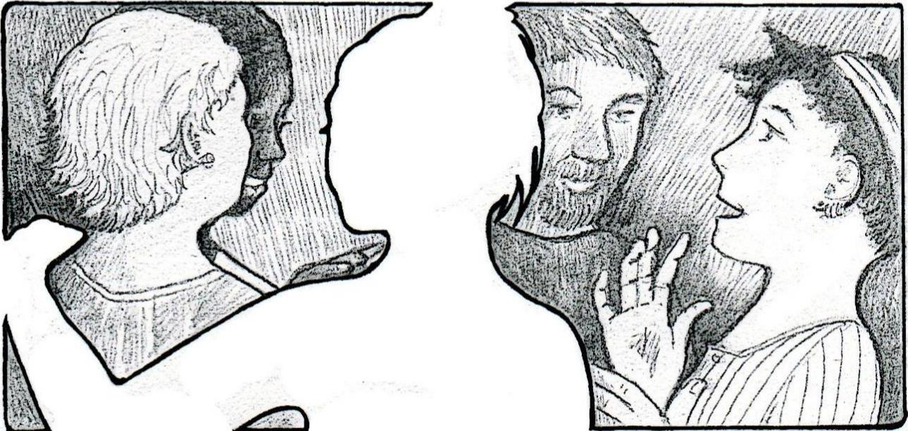 A drawing of several people talking to each other. The conversion seems lively. Each person is drawn with details, except for one of them who is only outlined.