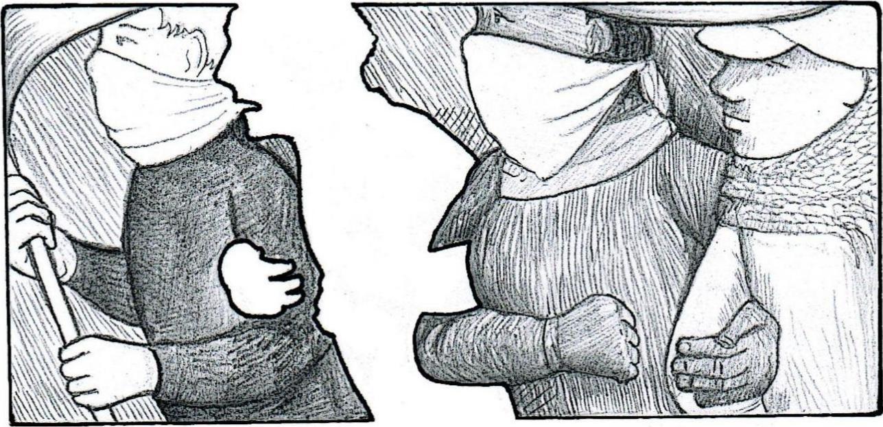 A drawing of several people holding each other's arms, marching forward, some of them partially masked. One person appears to be carrying a flag or banner. Each person is drawn with details, except for one of them who is only outlined.