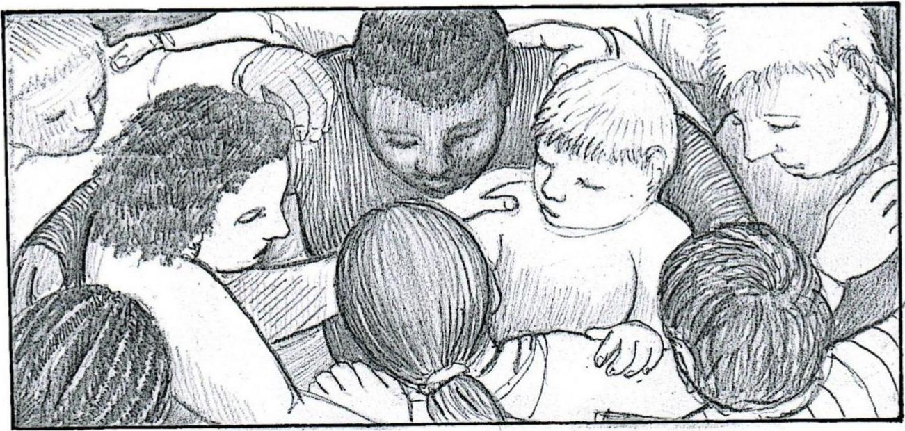 A drawing of several people in a circle, touching each other in a sort of group hug. All of them are drawn with details.
